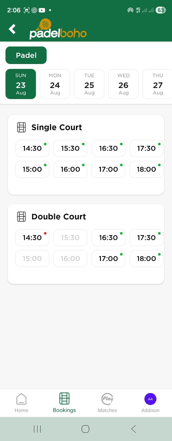 Padel Boho court booking screen